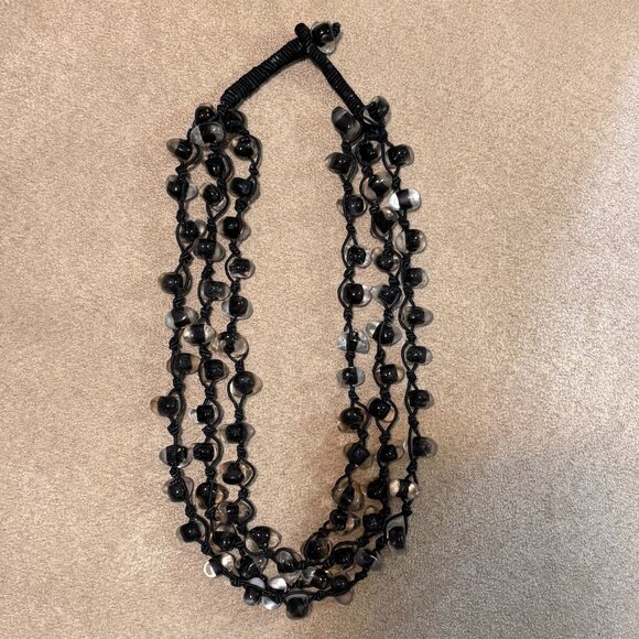 Handmade Black Silk and Clear Glass Bead Triple Strand Necklace - Picture 3 of 4